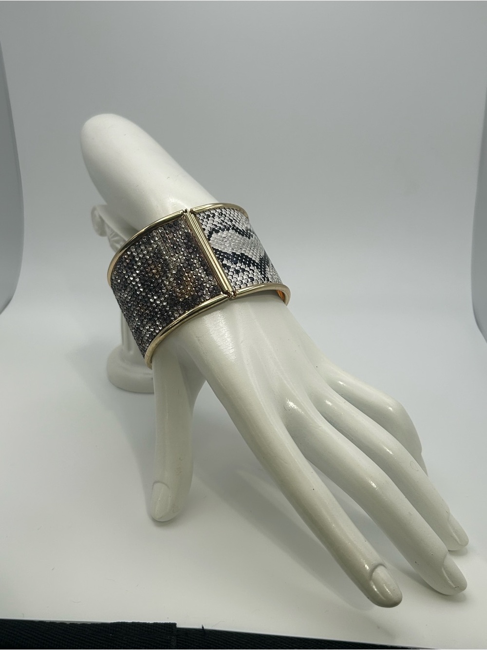 Gold-Tone Snake Print and Crystal Hinged Cuff Bracelet - Black/Gray
